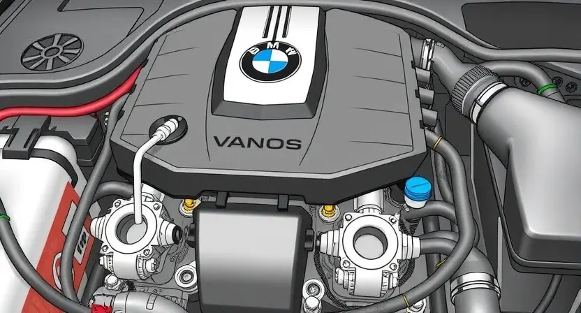 A detailed illustration of a BMW engine bay with a focus on the VANOS system. Show the VANOS control unit, its components, and the associated hoses and wiring. The engine should be partially visible, indicating the VANOS system's location within the engine.