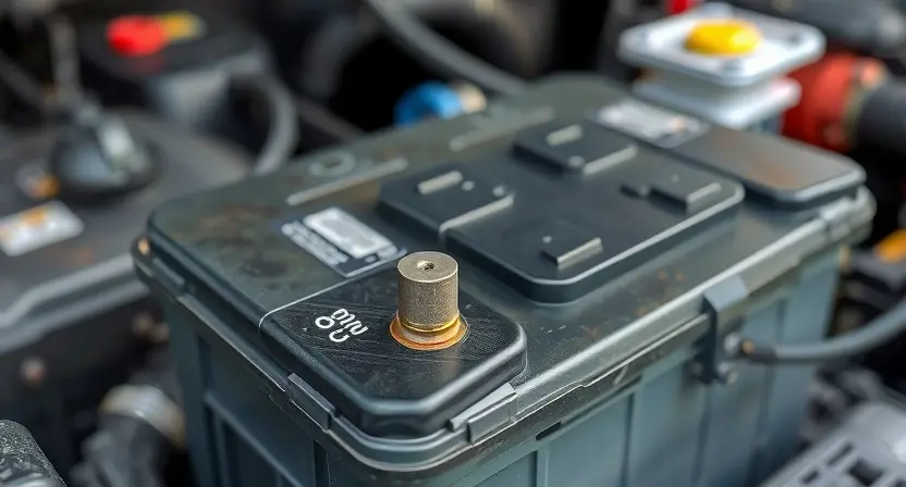A close-up, detailed illustration of a car battery with visible terminals and wiring. The background should subtly suggest a car engine compartment, but the focus is on the battery. The lighting should be bright and clean, highlighting the battery's condition.