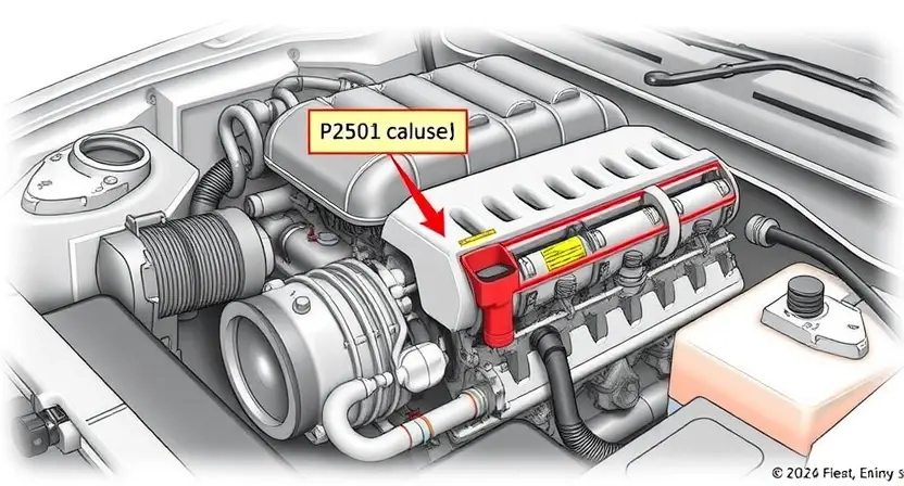 A detailed illustration of a car engine with a highlighted section indicating a malfunction, specifically focusing on the area related to the P2501 error code. The engine should be depicted in a cross-sectional view to show internal components. The illustration should include visual cues such as arrows or color coding to point out the problematic area, emphasizing the cause of the error. The overall scene should be realistic and detailed, providing a clear understanding of the engine's internal