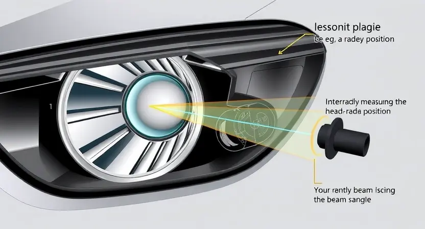 A detailed illustration of a headlight correction system. The image should show a headlight assembly, a sensor (e.g., a camera or radar sensor) mounted on the vehicle, and the internal mechanisms of the headlight correction system. The sensor should be actively measuring the headlight position. The image should highlight the role of the sensor in adjusting the beam angle.