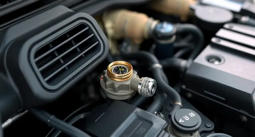 A close-up of a car's engine bay, focusing on the air intake system and the temperature sensor. The engine should appear clean and well-maintained. Subtle visual cues indicating a potential issue, like a slightly dusty sensor or a minor discoloration on a nearby component, are acceptable.