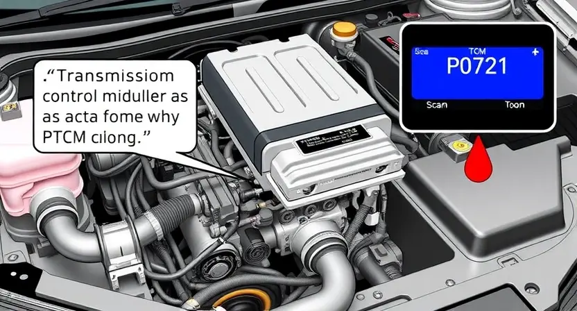 A detailed illustration of a car's engine bay, focusing on the transmission control module (TCM) and related wiring. The TCM should be clearly visible, with diagnostic connectors highlighted. Include a visual representation of the P0721 error code displayed on a scan tool.