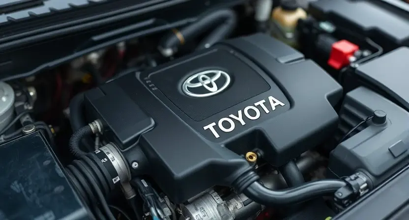 A close-up shot of a Toyota engine bay, focusing on the engine control unit (ECU) and related wiring. The engine should appear clean and well-maintained. A subtle indicator light related to engine diagnostics could be visible.