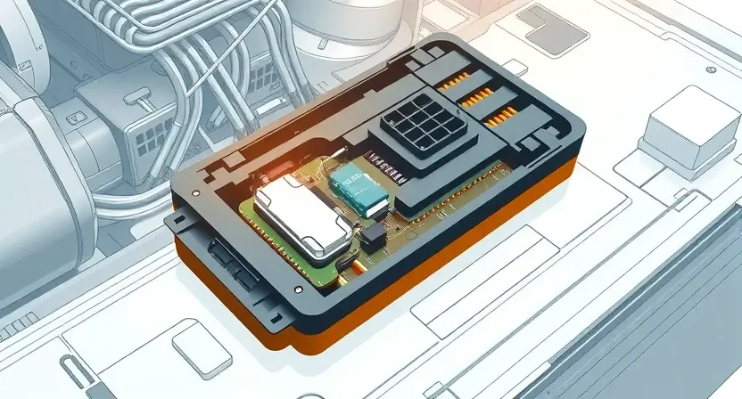 A detailed illustration of a car engine control unit (ECU) with highlighted internal components, depicting a malfunction or internal damage. Focus on the electronic circuitry and potential points of failure. Include visual cues suggesting an internal breakdown, such as cracked components or disrupted connections. The background should be a clean, technical environment.