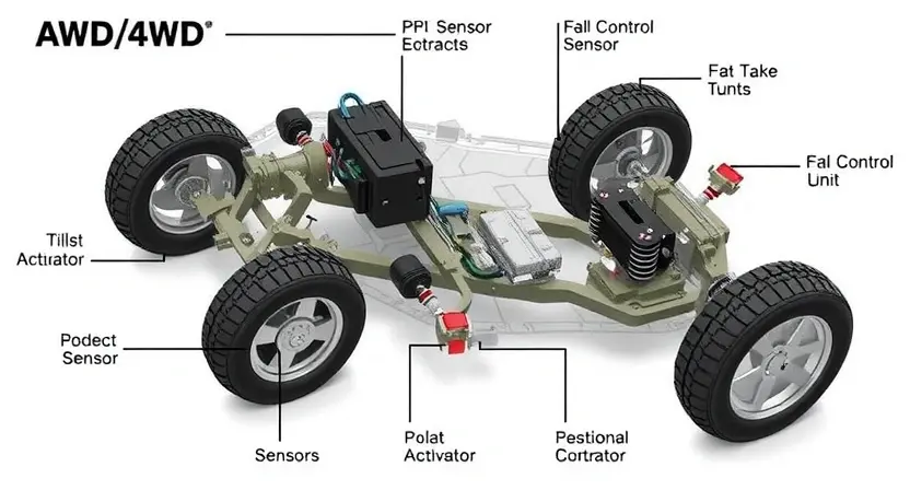A detailed illustration of an AWD/4WD system module, showcasing its components like sensors, actuators, and control unit. The module should be realistically rendered with visible wiring and connectors. The background should be a clean, technical environment.