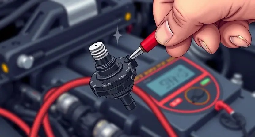 A close-up, detailed illustration of an automotive oxygen sensor being inspected. The sensor should be clearly visible, with wiring connected to it. A mechanic's hand holding a diagnostic tool (like a multimeter) is gently touching the sensor. The background should be a slightly blurred automotive repair shop environment. Focus on the sensor's components and connections.