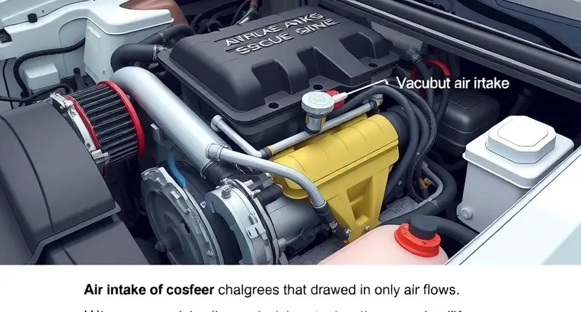 A detailed illustration of a car engine with a visual representation of air intake and potential leak points. Highlight the areas where air might be drawn in unintentionally. Use subtle color variations to indicate airflow. Focus on the engine's components like the intake manifold, throttle body, and vacuum lines. The overall image should convey the concept of air leaks affecting engine performance.