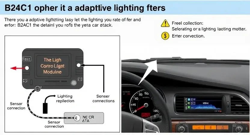 A detailed illustration of a car's adaptive lighting system, focusing on the B24C1 error code indicator. The image should show the dashboard with the error message clearly visible, along with diagrams of the lighting control module and sensor connections. The overall style should be informative and technical, suitable for a repair manual.