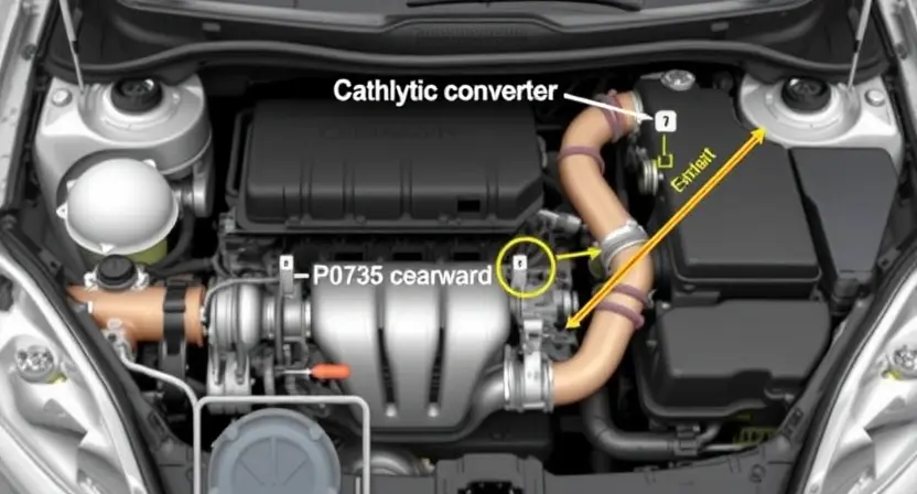A detailed illustration of a car's engine bay, highlighting the catalytic converter and exhaust system. Focus on the components related to the P0735 error code, such as oxygen sensors and the exhaust manifold. The image should be scientifically accurate and visually clear, showing the connections and physical structure of the parts.