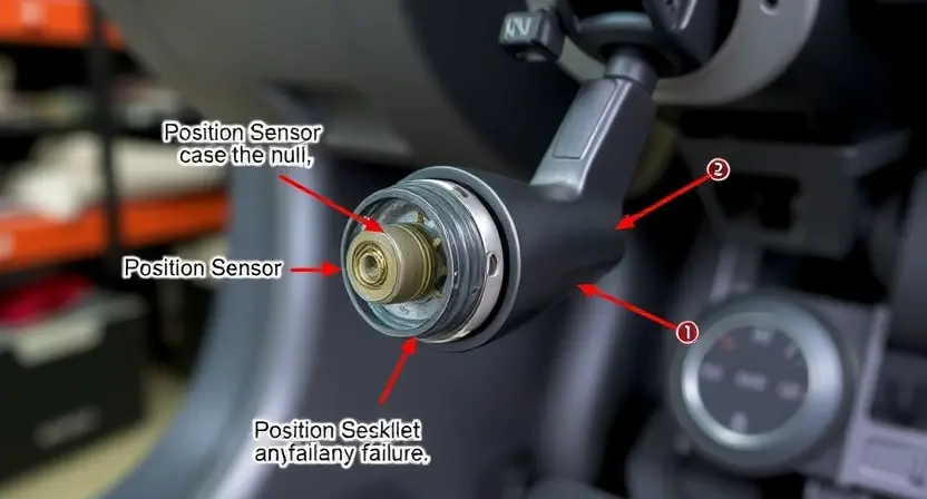 A close-up, detailed illustration of a car's accelerator pedal assembly. The focus should be on the position sensor and its connection to the pedal. Show the internal components of the sensor, highlighting any potential points of failure. The background should be blurred, suggesting a workshop environment. Emphasize the mechanical and electrical aspects of the sensor.