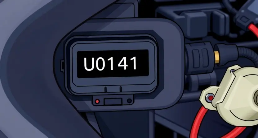 A close-up illustration depicting a car's onboard diagnostic (OBD) port with a digital display showing the error code U0141. Wires and sensors connected to the port are visible, suggesting a vehicle's electrical system. The background should be a slightly blurred automotive repair shop environment.