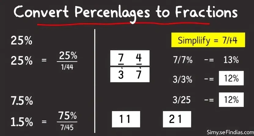 A visual representation of converting percentages to fractions and simplifying them to their lowest terms. Include examples like 25% as 1/4, 75% as 3/4, and 12% as 3/25. The image should be clean and easy to understand, with clear labels and visual cues.