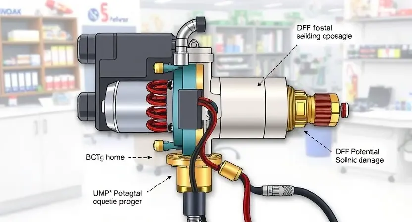A detailed illustration of an electronic solenoid valve and its wiring, showing potential points of failure. The solenoid valve should be depicted with visible components like coils, contacts, and shielding. The wiring should be clearly shown, highlighting connections and potential damage. The background should be a clean, technical environment, possibly a workshop or laboratory.