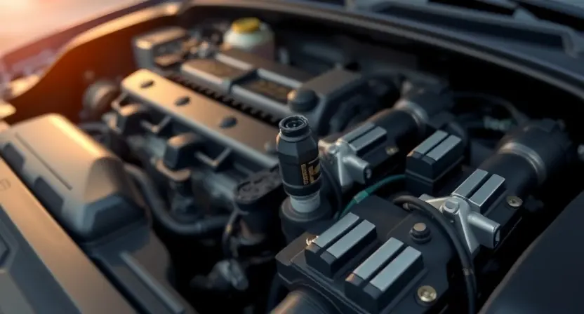 A close-up, detailed illustration of a car's engine bay. Focus on the manifold and associated sensors, with subtle visual cues representing voltage fluctuations (e.g., faint shimmering or distorted lines around the sensor). The overall impression should be technical and informative, highlighting the engine components related to oxygen sensor readings. The background should be slightly blurred to emphasize the engine components.
