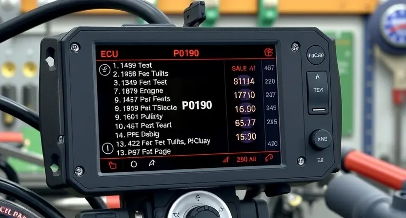 A detailed illustration of an engine control unit (ECU) with various diagnostic codes displayed on a screen. The background should be a workshop setting with tools and equipment. Focus on the P0190 code and its potential impact on engine performance.