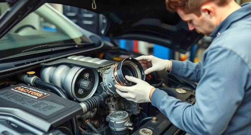 A mechanic is inspecting the engine of a car. The engine is partially disassembled, revealing internal components. Focus on the damaged parts being replaced. The scene should be well-lit and show a professional workshop environment with tools and equipment visible in the background.