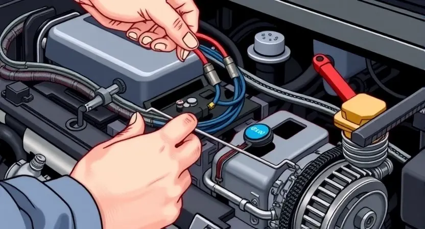 A close-up, detailed illustration of a car engine compartment. Focus on the fuel injection system, specifically highlighting the fuel injector and its wiring harness. The image should depict a mechanic carefully inspecting the wiring, with tools subtly visible in the background. The overall scene should convey a sense of technical expertise and problem-solving. The engine should be clean and well-maintained.