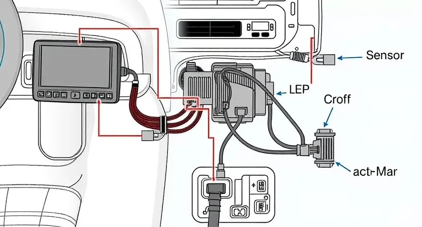 A detailed illustration of a cruise control system with various components like the control unit, sensor, and actuator. The image should clearly show the connections and how they work together. Focus on technical accuracy and clarity.