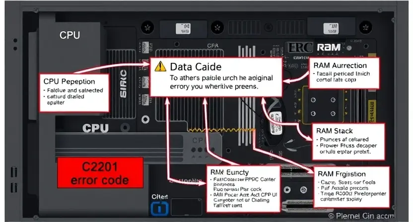 A detailed schematic diagram illustrating the C2201 error code in a computer system. The diagram should show the affected components (CPU, RAM, motherboard) and the potential causes of the error. Include visual cues representing data flow and potential failure points.