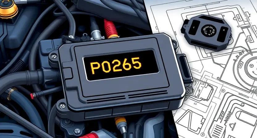 A detailed illustration of an engine control unit (ECU) with wiring diagrams and diagnostic tools surrounding it. Focus on the P0265 error code indicator light on the dashboard. The image should convey a sense of technical complexity and troubleshooting.