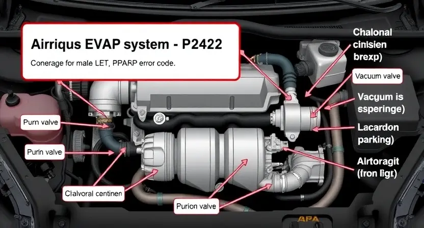 A high-quality technical illustration showing a car's EVAP system with a highlighted P2422 error code, including components like charcoal canister, purge valve, and vacuum lines, with clear labels and arrows indicating airflow issues, rendered in a professional engineering diagram style