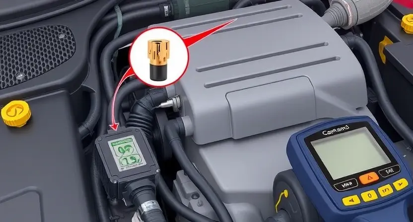 A detailed illustration of an automotive engine control unit (ECU) with a highlighted sensor and wiring harness. The image should clearly show the sensor and its connection to the ECU, with visual cues indicating a potential fault. Include diagnostic tools like a scan tool near the engine.