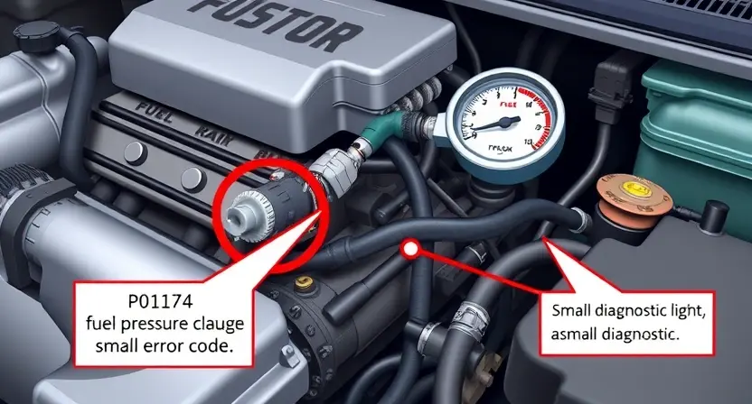 A detailed illustration of an engine bay with a focus on the fuel system. Show a close-up of the fuel injector, fuel rail, and fuel pressure gauge. Include visual cues representing a P0174 error code (e.g., a small diagnostic light). The background should be slightly blurred to emphasize the engine components.