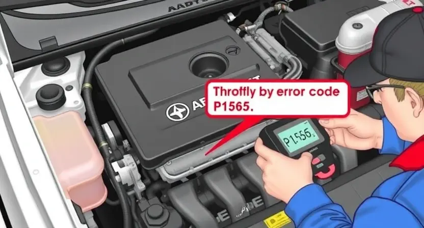 A detailed illustration of a car engine with a highlighted error code P1565, showing the specific components that might be causing the issue, such as the throttle body, sensors, or wiring. The image should depict a mechanic using diagnostic tools to identify the problem.