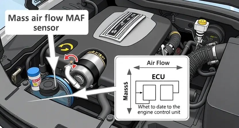 A detailed illustration of a car's engine bay, highlighting the Mass Air Flow (MAF) sensor. The MAF sensor should be clearly visible, with arrows indicating the airflow direction. Include a simplified diagram showing how the MAF sensor measures air mass and sends data to the engine control unit (ECU). Focus on the sensor's physical appearance and its connection to the intake manifold. The engine bay should be clean and well-lit, emphasizing the sensor's importance.