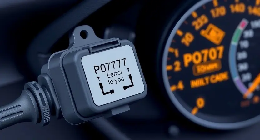 A detailed illustration of an automotive electrical connector with a visible P0707 error code indicator light illuminated on a dashboard. The connector should be clearly labeled with automotive wiring symbols. The background should be a slightly blurred view of a car interior.