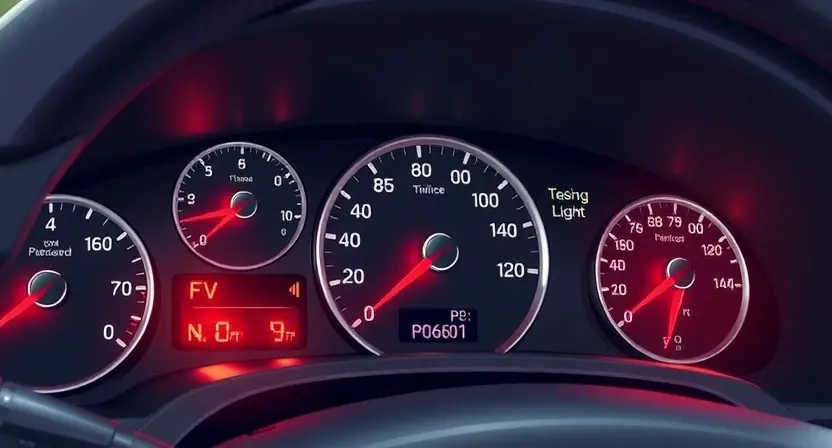 A detailed illustration of a car's dashboard with a diagnostic light illuminated, specifically the P0601 code indicator. The dashboard should show various gauges and warning lights, with the P0601 light highlighted. The car's interior should be realistically depicted.