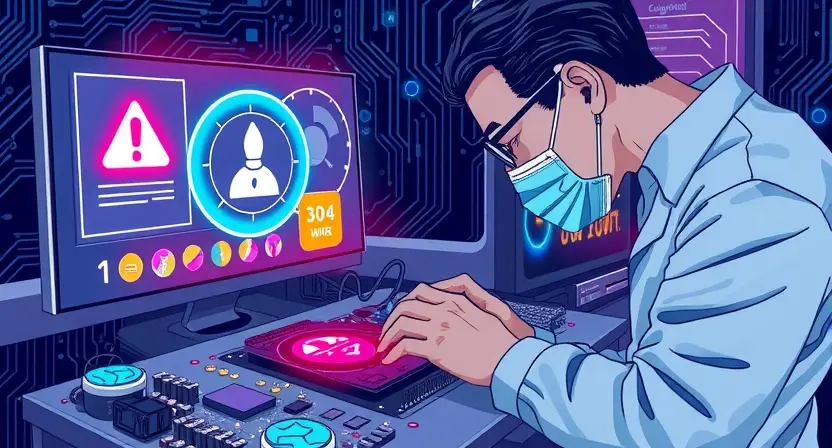 A detailed illustration of a modern computer diagnostic scene showing a technician examining a motherboard with glowing warning icons, a holographic red exclamation mark, and abstract circuit patterns, emphasizing troubleshooting and analysis, without any text or numbers