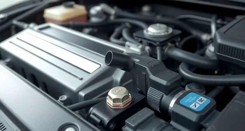 A close-up, detailed illustration of a car's engine bay. Focus on the mass airflow sensor (MAF sensor) and its surrounding components. The sensor should be clearly visible, and the overall image should convey a sense of automotive diagnostics and repair. The engine bay should be clean and well-lit, emphasizing the technical aspects. Include subtle hints of wiring and hoses without cluttering the image. The background should be slightly blurred to keep the focus on the MAF sensor.