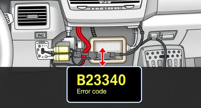 A detailed illustration of an automotive climate control system (ACC) with a focus on the B2340 error code. The system should include components like the HVAC unit, sensors, actuators, and wiring. Highlight the error code displayed on a dashboard or diagnostic screen. The image should convey a sense of technical complexity and troubleshooting.