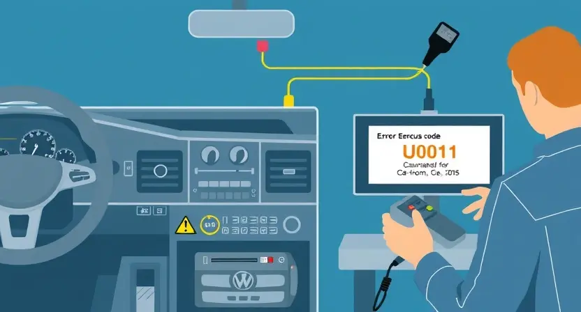 A technical illustration showing a vehicle's CAN bus system with a highlighted error code U0011, diagnostic equipment displaying error details, and a technician using a handheld scanner, clean technical diagram style