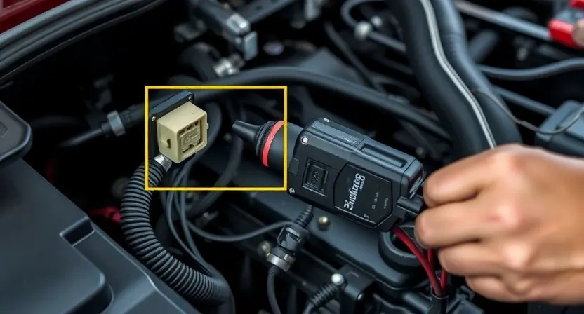 A close-up view of a car's engine compartment with a highlighted sensor, specifically the lumbar position sensor, showing its wiring and connections. The image should depict a professional mechanic inspecting the sensor and its circuit with diagnostic tools, indicating a potential fault. The background should include other engine components and wiring harnesses to provide context.