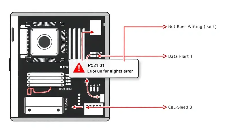 A detailed schematic diagram illustrating a computer system with a highlighted P2521 error. The diagram should show components like the motherboard, CPU, RAM, and storage, with arrows indicating data flow. The P2521 error should be visually represented with a red warning symbol and an error message label.