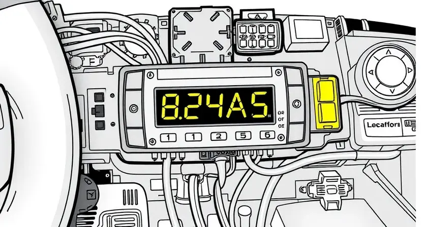A detailed illustration of a car's control module, highlighting the B24A5 error code indicator. The module should be visually complex, with various components and connections. Focus on the error code display and its surrounding context.