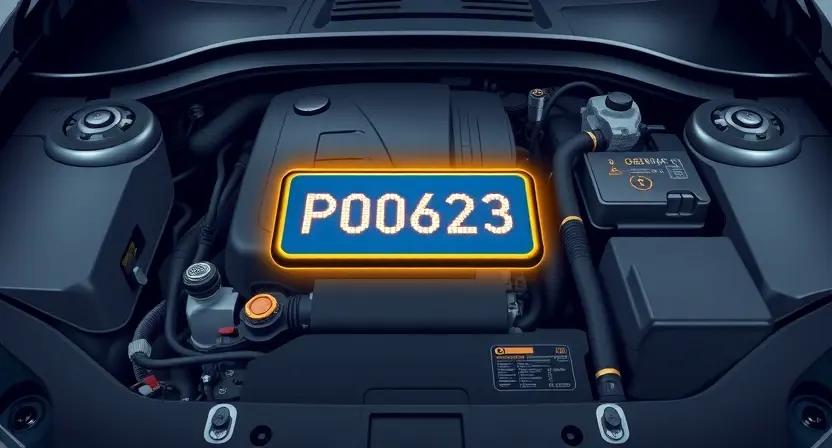 A clean, high-quality technical illustration of a modern car engine bay with a highlighted diagnostic port (OBD-II) and a glowing digital overlay showing the code P0623, surrounded by subtle circuit board patterns and diagnostic tools, no text or labels