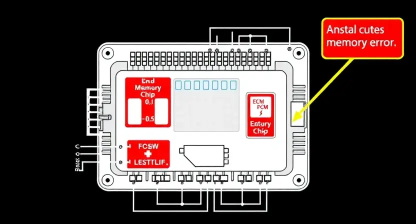 A detailed schematic diagram of an automotive engine control module (ECM) with highlighted areas representing memory chips and potential points of failure. Include visual cues indicating a memory error, such as flashing lights or a broken circuit symbol.