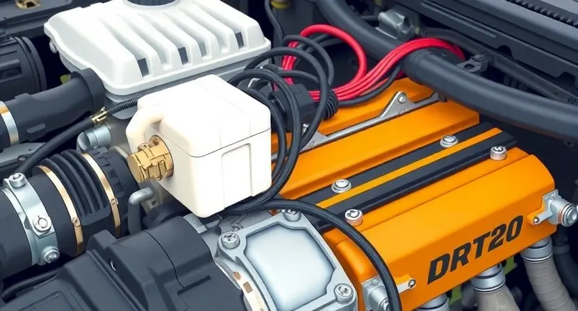 A close-up, detailed illustration of a car's engine bay, focusing on the fuel pump module and its wiring. The image should clearly show the module's location and connections. Use bright, clean colors to highlight the components. The background should be slightly blurred to emphasize the engine components.