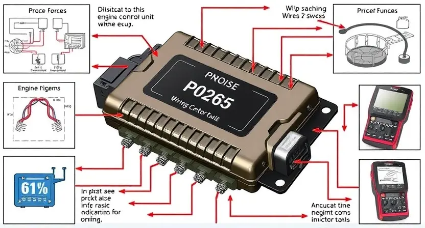 A detailed illustration of an engine control unit (ECU) with wiring diagrams and diagnostic tools surrounding it. Focus on the P0265 error code indicator and its associated components.