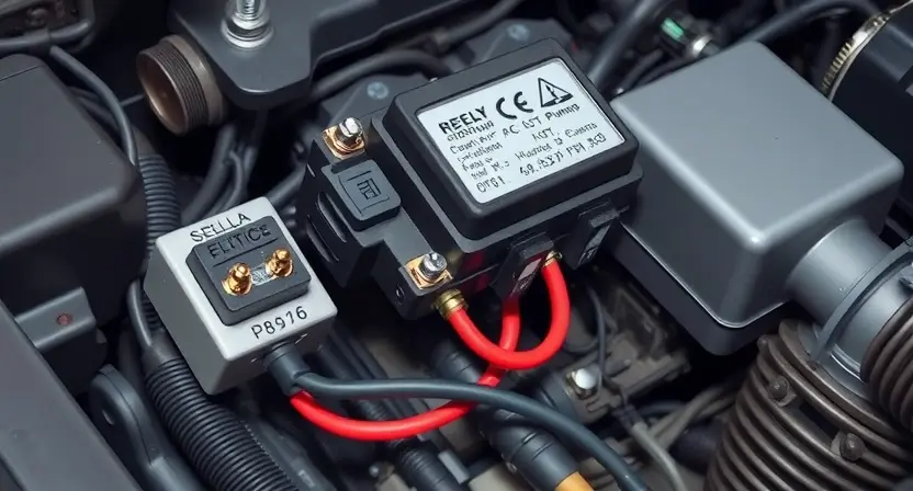 A detailed technical illustration of a car's fuel pump relay control circuit. The image should clearly show the relay, wiring connections, and potentially a simplified representation of the control module. Focus on the electrical components and their arrangement within the engine compartment. Use realistic textures and lighting to depict the metallic parts and wires.