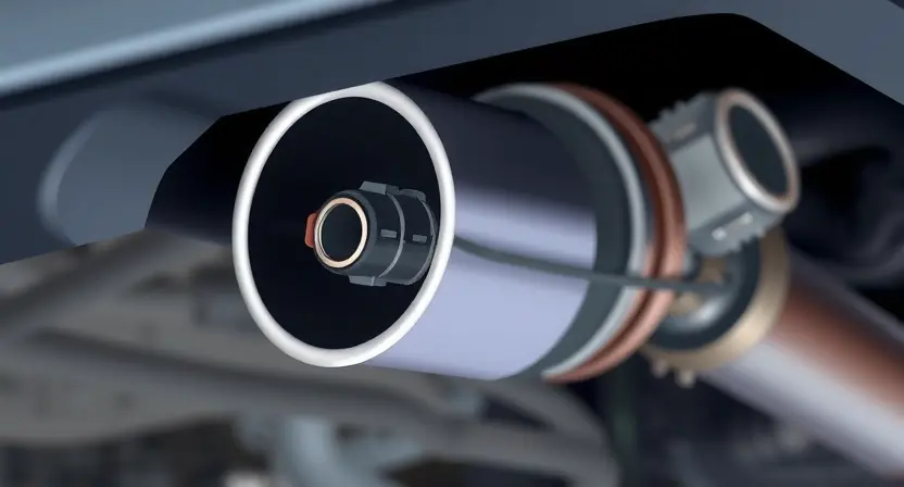 A close-up illustration of a car's exhaust system with a focus on the oxygen sensor (lambda sensor). The sensor should be clearly visible, and the surrounding pipes and engine components should be subtly depicted to provide context. The image should convey a sense of automotive technology and diagnostics.