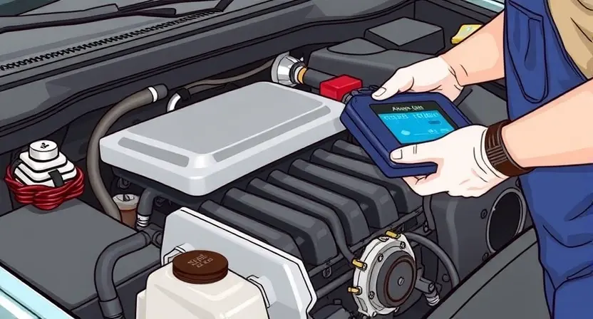 A close-up, detailed illustration of a car's engine bay with a mechanic using an OBD-II scanner to diagnose a problem. Focus on the diagnostic port and the scanner's display. The engine should be clean and well-lit, showcasing various components like hoses, wires, and the engine block. The mechanic should be wearing professional attire (e.g., a uniform or coveralls).