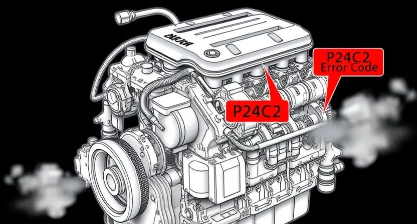 A detailed illustration of an engine with visible P24C2 error code indicators. The engine should be depicted in a technical drawing style, highlighting the components related to engine operation and potential malfunctions. Include visual cues representing engine performance issues, such as smoke or unusual vibrations.