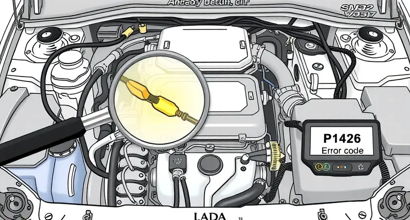 A detailed technical illustration showing a car engine bay of a Lada vehicle with highlighted wiring harnesses, a magnifying glass examining a broken wire, and a diagnostic scanner displaying error code P1426, clean technical drawing style