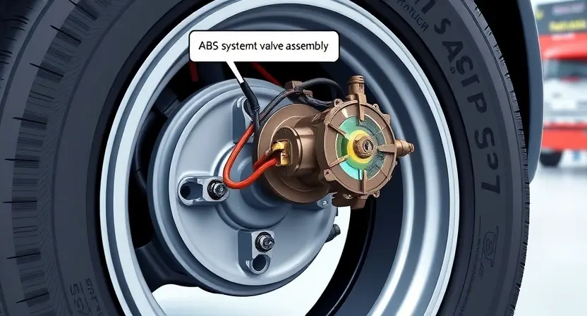 A detailed technical illustration of a car's front left wheel well, focusing on the ABS system components. Highlight the valve assembly and wiring harness. Show a visual representation of a short circuit, perhaps with a subtle spark or discoloration near the valve. The background should be a clean, slightly blurred garage setting.