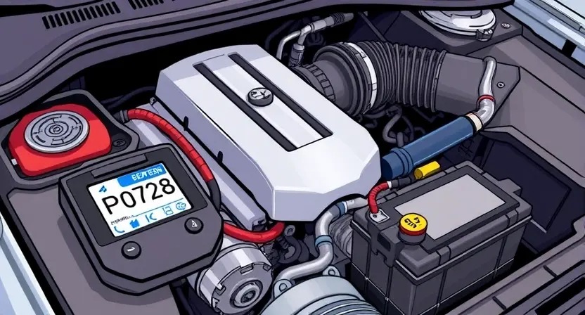 A detailed illustration of a car's engine bay with a diagnostic code reader displaying 'P0728'. The engine should be partially visible, showcasing key components like the alternator, battery, and intake manifold. Focus on clarity and technical accuracy.
