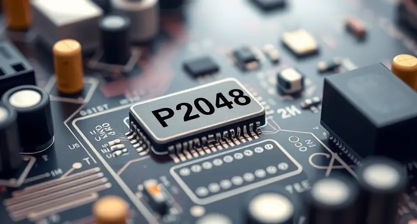 A close-up, detailed illustration of a circuit board with a highlighted component labeled 'P2048'. Wires and connections should be clearly visible. The background should be a slightly blurred view of other electronic components. Focus on the technical aspects of the circuit board.